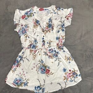 Floral Button-Down Blouse - White and Blue